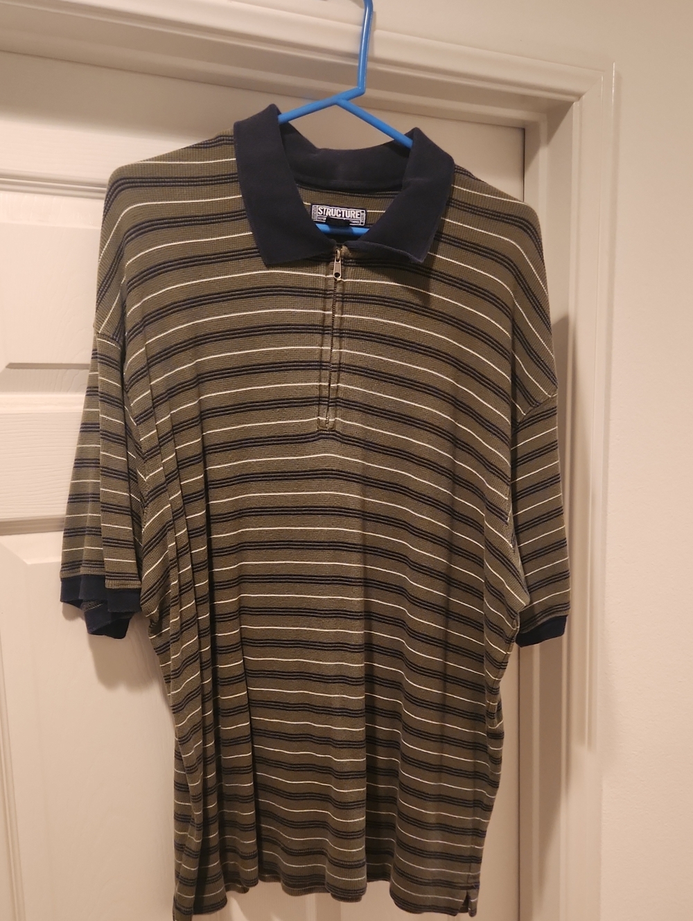 Structure Olive & Navy Striped Zip Polo